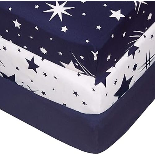 3 Pack Microfiber Durable Crib Sheets Fitted, Silky Soft Smooth Breathable Baby Sheets Set, 28''x52 Fits Standard Crib and Toddler Mattresses,White Star & Navy & Navy Star