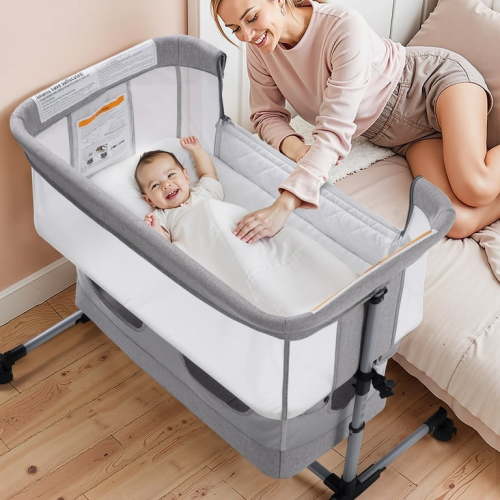 Vomeast Baby Bassinet Bedside Sleeper, 4 in 1 Baby Bassinets for Babies, with Wheels, Adjustable Height, Storage Basket, Mosquito Net for Newborns Infants - Light Gray