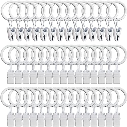 LLPJS 44 Pack Curtain Rings with Clips, Curtain Clip Rings Hooks, Bow Hanger Clips for Hanging Drapery Drapes Bows, Ring 1 inch Interior Diameter, Fits up to 5/8" Rod, White