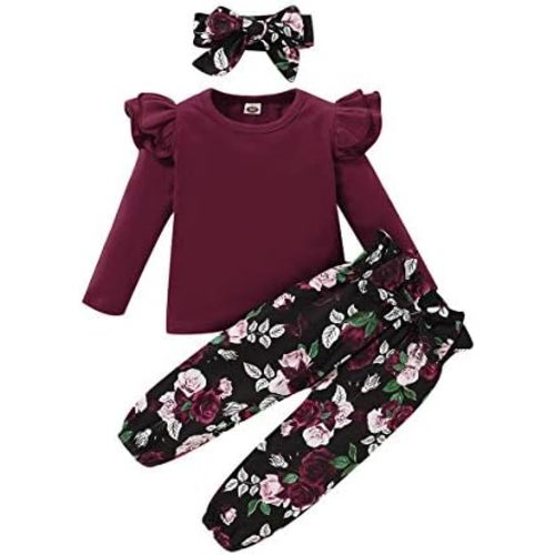 YALLET 3Pcs Toddler Girl Clothes Solid Color Long Sleeves Ruffle Top+Floral Pants+Headband 1-6 Years Fall/Winter Outfits Set