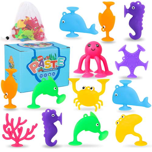 Bath Toy for Kid Age 4-8, 18PCS Baby Suction Cup Toys,Silicone Ocean Animal Suction Cups with Mesh Storage,Boys Girls Birthday Easter Gifts