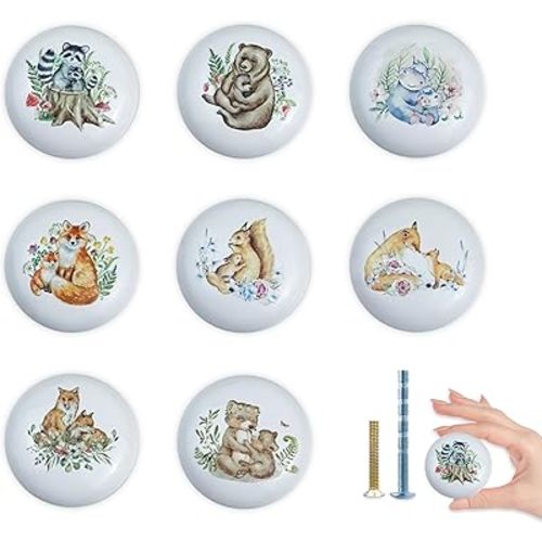 8Pack1.5 Flower Safari Animals Ceramic Cabinet Knob Cute Bear Nursery Kids Furniture Handle Round Dresser Drawer Knobs and Pulls