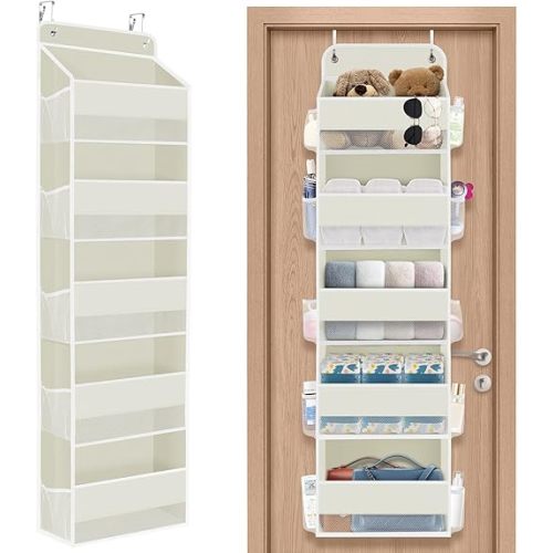 1 Pack Over The Door Organizer, Hanging Storage Organizer with Clear Window, 40lb Ultra Sturdy Large Capacity Room Organizer for Pantry Bathroom Nursery Closet Baby Essential (Beige)