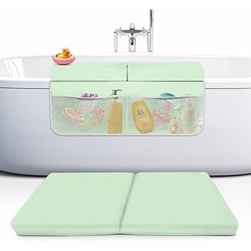 Baby Bath Kneeler and Elbow Rest Pad Set, 2-Inch Thick, Memory Foam, Water-Resistant Mat – Bath Time Essentials Cushion and Bath Kneeling Pad for Bathing Baby with Bathtub Toy Organizer (Mint Green)
