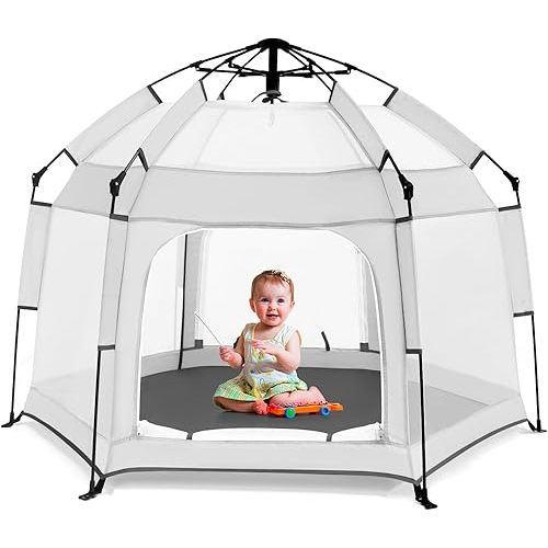 Baby Playpen with Canopy, Portable Baby Beach Tent, Toddler Play Yard Indoor and Outdoor, Foldable Mosquito Net for Infant - Light Grey