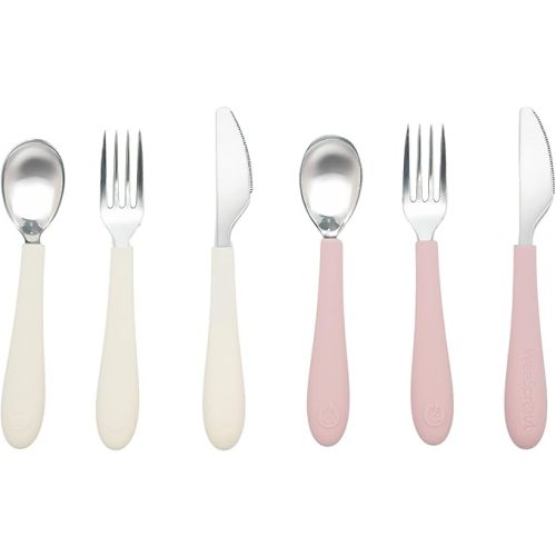 Kids Stainless Steel Utensils Set - Premium 18/8 Grade Silverware Kit - 2 Spoons, 2 Forks, and 2 Knives for Ages 4-7 - Silicone Easy-Grip Handles - Children Flatware Cutlery (Matte - Pink, Off White)