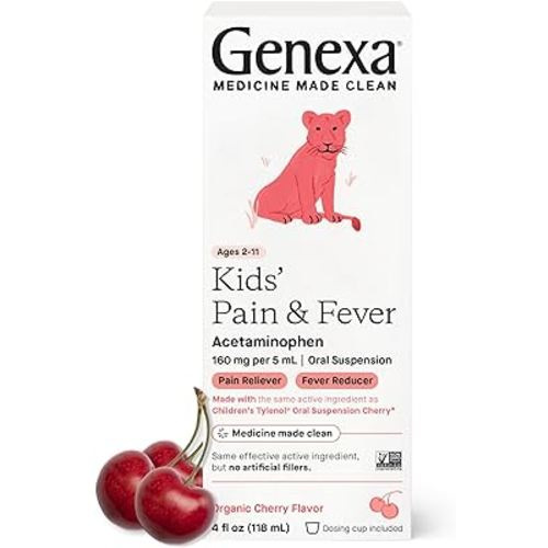 Genexa Kids’ Pain and Fever Reducer | Childrens Acetaminophen, Dye Free, Liquid Oral Suspension Medicine for Kids 2-11 | Delicious Organic Cherry Flavor | 160 mg per 5mL | 4 Fluid Ounces