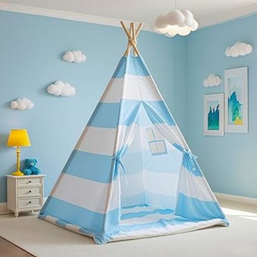 Teepee Tent for Kids with Padded Mat, Lights, and Carry Bag, Washable Playhouse for Indoor Use, Ideal Play Tent for Girls and Boys,Stripe Blue