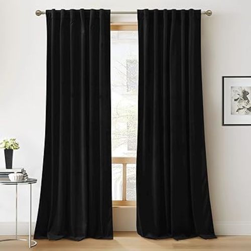 RYB HOME Black Velvet Curtains 90 inches - Blackout Heavy Duty Curtains Soft Luxury Back Tab Window Covering Privacy Protection for Kids Room Bathroom Basement, Black, W52 x L90 inches, 2 Panels