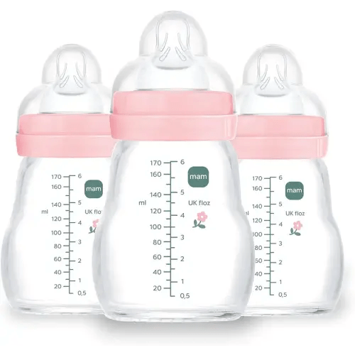 MAM Premium Glass Baby Bottles, Easy Switch Between Breast and Bottle, Feel Good Slow Flow, Newborn Essentials Must Have, 0+ Months, BPA Free, 6oz, Girl, 3 Pack