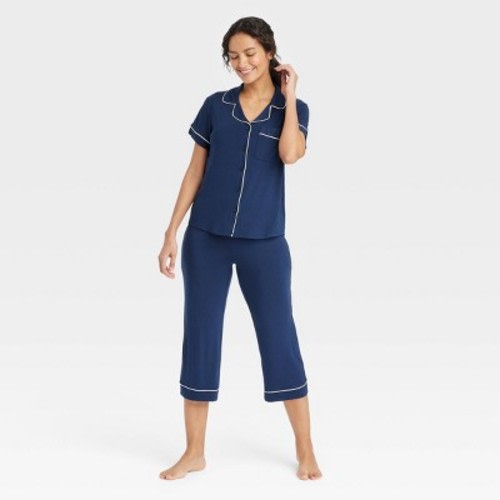 Women's Cloud Knit Short Sleeve Notch Collar Top and Cropped Pants Pajama Set - Auden™, Color: Navy Blue, Size: XL