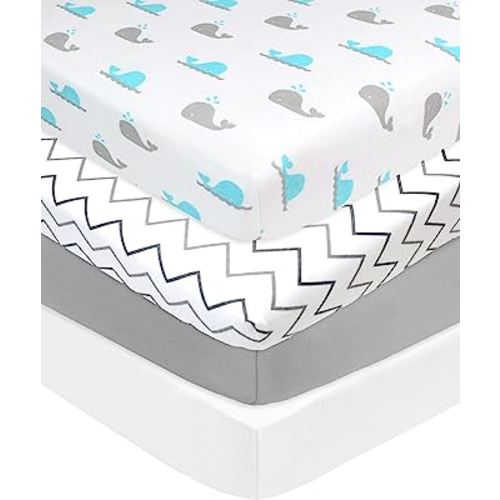 American Baby Company 4 Pack Fitted Crib Sheets 28" x 52", Soft Breathable Neutral 100% Cotton Jersey Sheet, Gray Zigzag/Aqua Whale/Gray/White, for Boys and Girls, Fits Crib and Toddler Bed mattresses