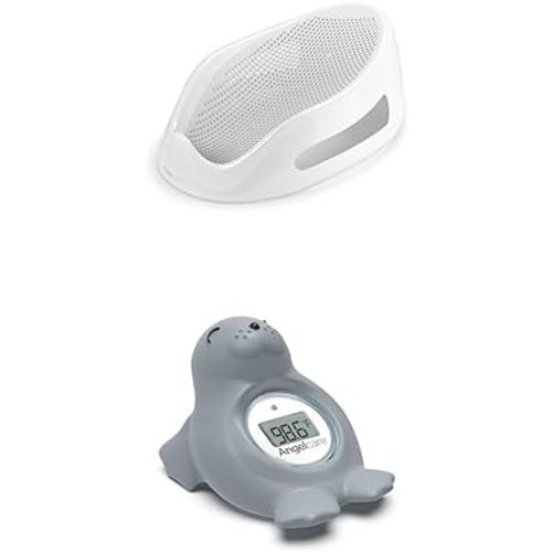 Bundle of Angelcare Baby Bath Support (Grey) | Ideal for Babies Less Than 6 Months Old + Angelcare Baby Bath & Room Thermometer - Happy Seal, Grey