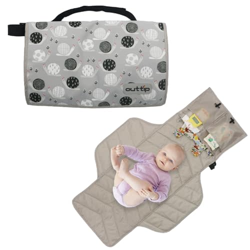 Extra Long Lightweight Portable Diaper Changing Mat with Storage Pockets,Snail Waterproof Foldable Travel Changing Pad,On The Go Wipeable Reusable Changing Pad for Car, Diaper Bag
