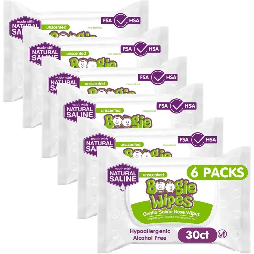 Baby Wipes Unscented by Boogie Wipes, Wet Wipes for Face, Hand, Body & Nose, Made with Vitamin E, Aloe, Chamomile and Natural Saline, 30 Count, Pack of 6