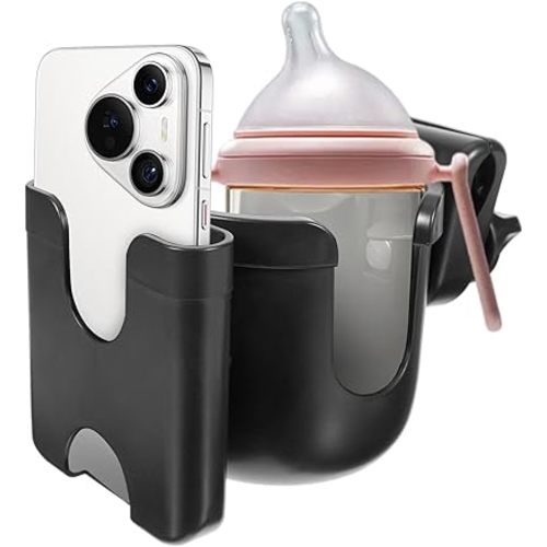 Stroller Cup Holder with Phone Holder, Stroller Cup Holder Attachment with Phone Holder for doona, 360° Rotatable 2-in-1 Cellphone Drinks Bottle Holders for Nuna Bike Wheelchair Walker Scooter