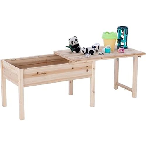 BIRASIL Wooden Kids Table with Storage, Sensory Tables with Folding Lid for Children, Elevated Activity Play Table for Indoor Outdoor, Natural Wood
