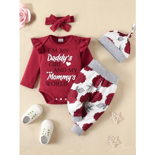 4pcs Newborn Baby Letter Flower Print Long Sleeve Romper & Pants & Headband & Hat Set For Girls