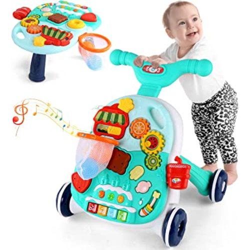 Eners Sit to Stand Learning Walker for Baby Boys and Girls, 2 in 1 Push Walker and Activity Center With Wheels, Musical Walking Toys