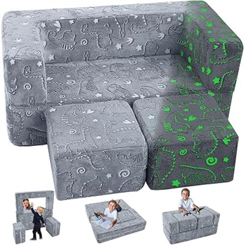 MeMoreCool Glow in The Dark Modular Dinosaur Sofa for Kids, Convertible Toddler Play Couch Furniture for Small Playroom, Grey