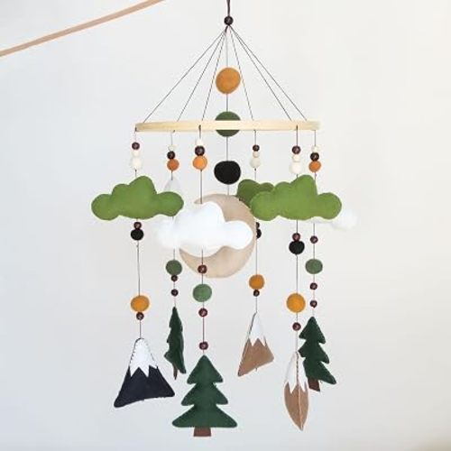 Woodland Baby Mobile for Crib - Felt Forest Nursery Decor for Boys & Girls - Hanging Mountain & Pine Tree Mobile with Moon and Clouds - Nature Theme Bedroom Decorations - Neutral Baby Shower Gift