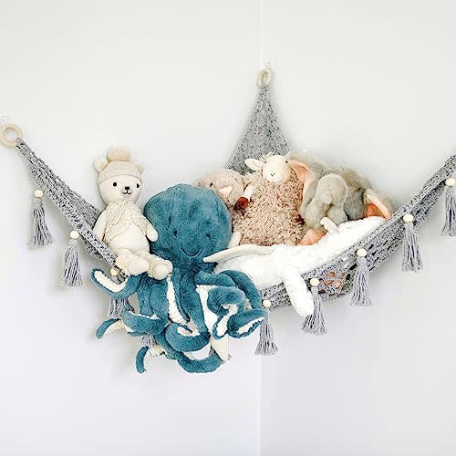 Sasa Baby and Toddler Macrame Toy Hammock for Stuffed Animals - Plush Toy Hammock, Grey Nursery Decor, Hanging Stuffed Animal Organizer, Pebble Grey
