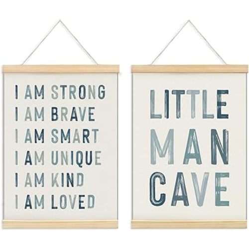 ULEGIE Boy Nursery Decor Posters Framed with Wood Hanger, Little Man Cave Sign for Boys Kids, Boys Room Decor, Toddler Room Decor, Art Prints for Nursery Playroom Bedroom, 2 Pack 12 x 16 Inches-Blue