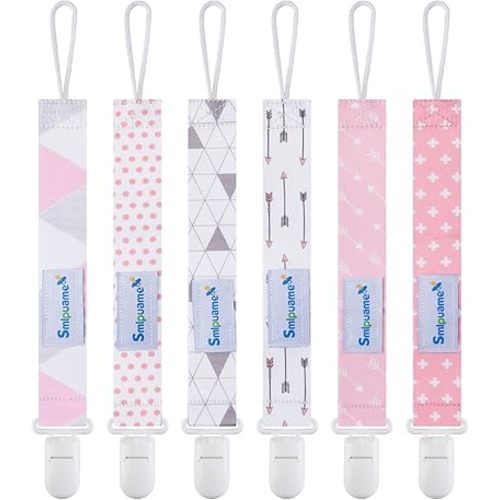 Smlpuame Pacifier Clip Girl,6 Pack Stylish Binky Clips Strap for Baby Girls,Paci Holder with Clip Lightweight Universal Fits Most Pacifiers Teether Toy Teething Ring Soothie,Baby Gifts(Pink & Grey)