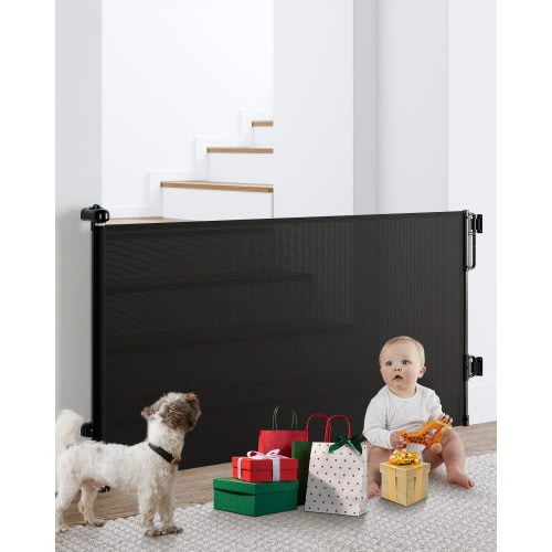 Ophanie Retractable Baby Safety Gate,Mesh Dog Pet Gate 33" Tall, Extends to 55" Wide, Indoor & Outdoor Child Gates for Stair&Doorways, Black