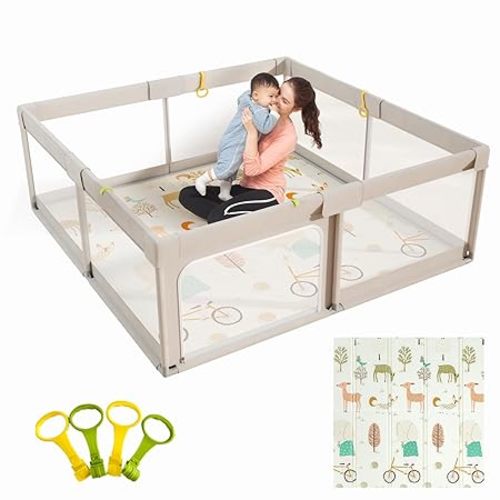 Mloong Baby Playpen with Mat, 59x59 Inches Extra Large Playpen for Babies and Toddlers, Indoor & Outdoor Activity Center, Safety Baby Fence with Gate - 59*59inch Gray with mat