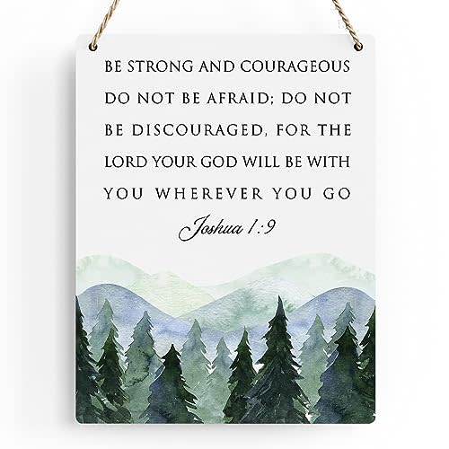 BELLOWDEER Inspirational Decor Be Strong and Courageous Joshua 1:9 Scripture Wooden Hanging Sign Christian Gift for Baby Kids Girl Boy Nursery Teen Room Bible Verse Wall Art 8 x 10 Inches