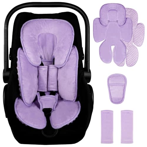2 in 1 Infant Car Seat Insert Head and Body Support Set, Reversible Newborn Insert for Carseat with 3 Extra Strap Paddings, Soft Stroller Cushion Pillow Insert Girls, Fits for Stroller, Swing, Purple