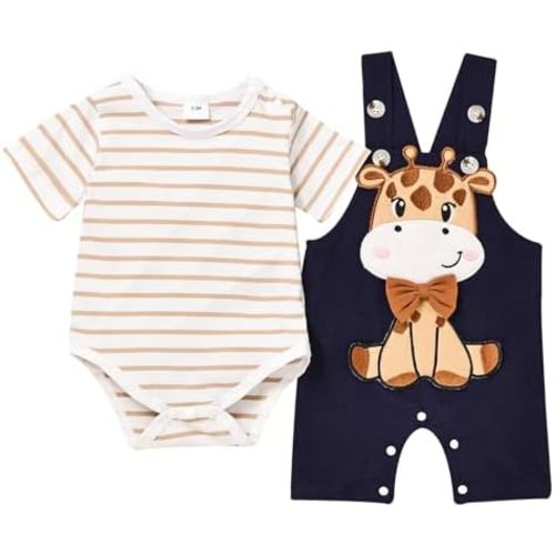 Baby Boy Clothes Newborn Outfits Stripe Romper Infant Cartoon Overall Adjustable Suspender Pants Set 0-18 Months