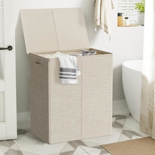 WOWLIVE 154L Double Laundry Hamper with Lid and Removable Laundry Bags, Large Dirty Clothes Hamper 2 section Collapsible Laundry Basket Dorm Room Storage for Bedroom, Bathroom, College,Wheat