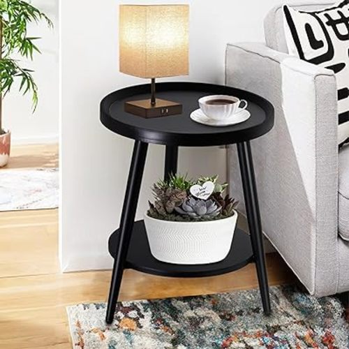 Small Round Side Table, 2-Tier Mid Century Modern Side Table, Round End Table Small Side Table for Living Room, Metal Frames, Black