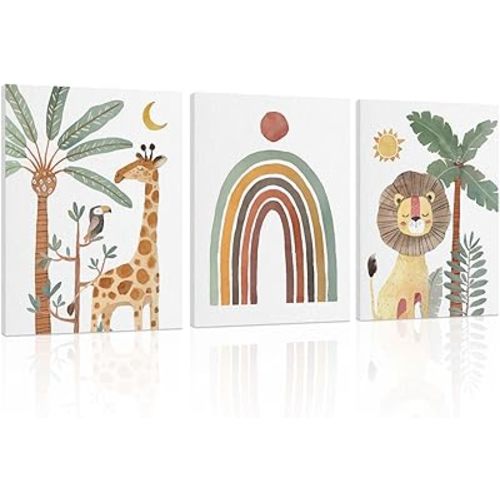 Boho Animal Nursery Wall Art: Safari Animal Prints for Kids' Room, Baby Nursery Decor for Boy Girl, 3 Pieces Giraffe Lion Parrot Rainbow Picture Bedroom Decoration 12" x 16"