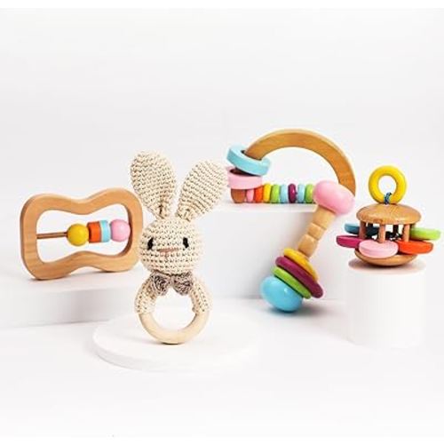 Wooden Baby Rattle Toys 5 PCS Rattle Set for Babies 0-6-12 Months Bunny Crochet Rattle Ring with Gift Box Wooden Montessori Toy for Newborn Infant Baby