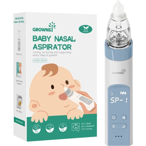 Grownsy Baby Nose Sucker with 3 Silicone Tips, 3 Suctions, Music and Light Soothing Function Blue