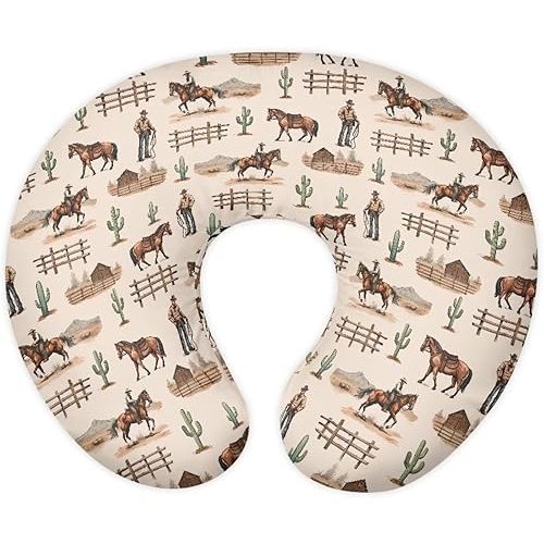 Lotusorchid Western Cowboy Nursing Pillow Cover Cactus Horse Nursery Feeding Pillowcase, Washable Comfy Breast Feeding Pillowcases, Breathable Nursery Breast Feeding Pillow Slipcover for Infant