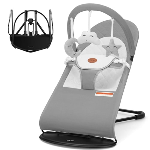 HKAI Baby Bouncer, Portable Baby Bouncer Seat for Babies 0-18 Months, 100% Cotton Fabrics, 3 Modes of use with Rocker and Stationary Options, Infant Rocker Chair with Hanging Toys-Light Grey