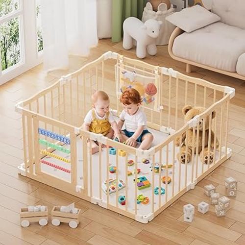 Amazer Wooden Baby Playpen 50 × 50 Inches, Foldable Playpen Fence with Digital Blocks & Toy Storage Bag, Wooden Baby Gate, Multi-Shape Play Yard for Babies and Toddlers Indoor Outdoor