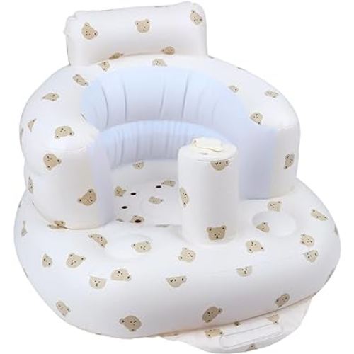 Baby Inflatable Seat with Suction Cups for Babies 3 Months & Up, Baby Floor Seats for Sitting Up with Built in Air Pump, Blow Up Baby Chair for Infants - Bear Head