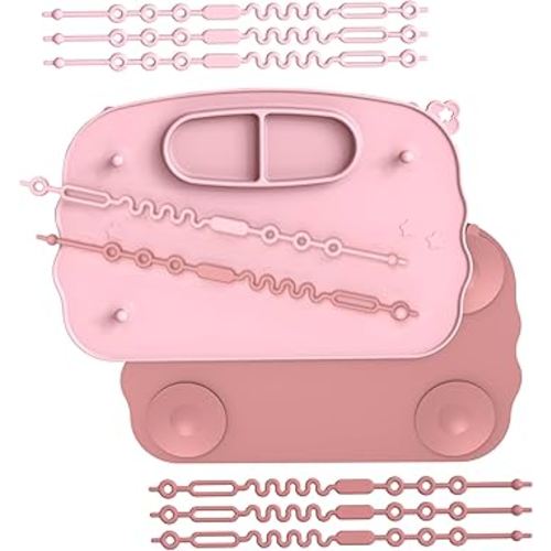 Baby Placemats for Weaning Babies - 2 Silicone Toddler Placemat with 4 Strong Suction Cups & 8 Stretchable Straps | BPA-Free Baby Table Mat for Restaurants, Dining Table & Toddler Mealtime