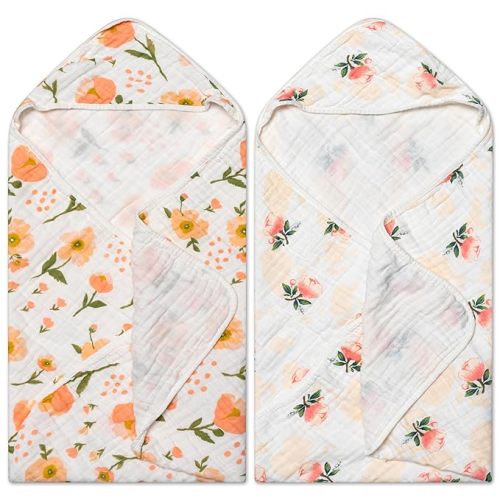 Zainpe 2Pcs Muslin Baby Hooded Towel Flowers Pattern Soft Cotton Absorbent Bath Towel Blanket Set for Infant Shower Gifts Newborn Essential Toddler Boys Girls 31.5 X 31.5 in - Pink