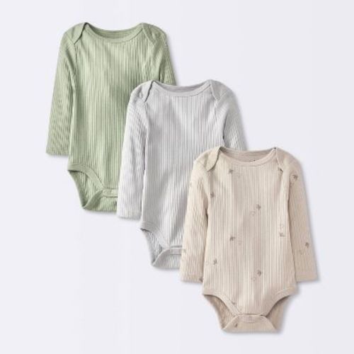 Baby 3pk Solid Long Sleeve Wide Ribbed Bodysuit - Cloud Island™ 3-6M: Cotton, Midweight, Crotch Snap, Lap Shoulder