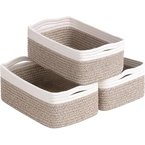 Goodpick Baskets for Organizing, 11 x 7 x 4.5 in, Baskets for Shelves, Toy Storage, Home Decor, Dorm Decor 3 Pack for Bathroom, White & Light Brown