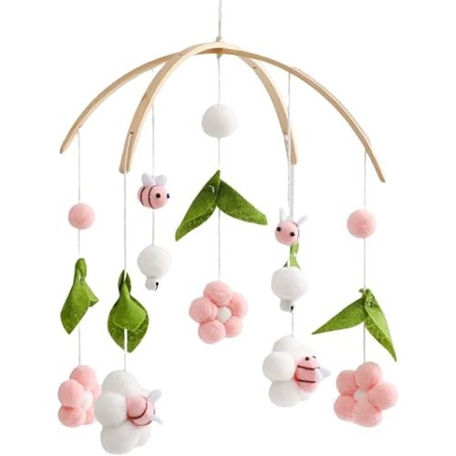 Baby Crib Mobile Wooden Wind Chime Bed Bell, Nursery Mobile Crib Rattle Bedroom Ceiling Wind Chime Hanging Bees Plush Flower Wooden Rotating Toy Newborn Bed Decor (Pink)