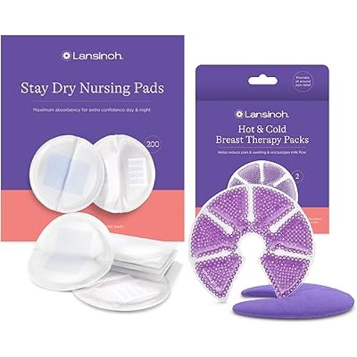 Lansinoh Disposable Nursing Pads, 200 Count, and Breast Therapy Packs with Soft Covers, 2 Pack, Breastfeeding Essentials for Moms