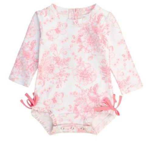 Rufflebutts Baby/toddler Girls Upf50+ Long Sleeve One Piece Rash Guard - Bubblegum Pink Butterfly Garden Toile, 3-6m