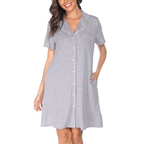 Vlazom Women's Nightgowns Short Sleeve Sleep Shirts Nightshirt V Neck Button Down Pajama Sleepwear S-XXL